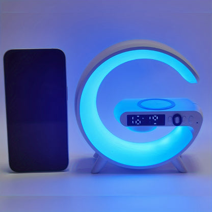 Haut-parleurs BT sans fil avec charge rapide sans fil, Rhythm RGB Light, Bar Smart Light, Réveil Sunrise, Wake Up Light pour les chambres, Lampe de table à intensité variable