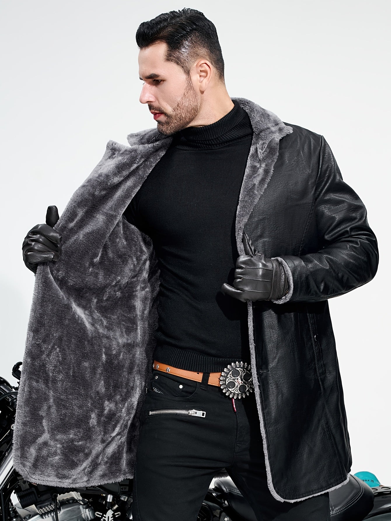 Veste En Cuir PU Doublée De Polaire Chaude Pour Homme, Élégant Pardessus À Boutons