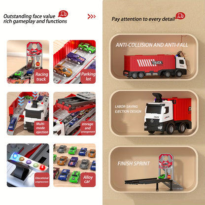 Transformateur de camion transporteur avec feux clignotants et piste de course lancée, alimenté par batterie avec 8 voitures téléguidées incluses, fonctionnement par friction et poussée-retour, ensemble de jeu en plasti