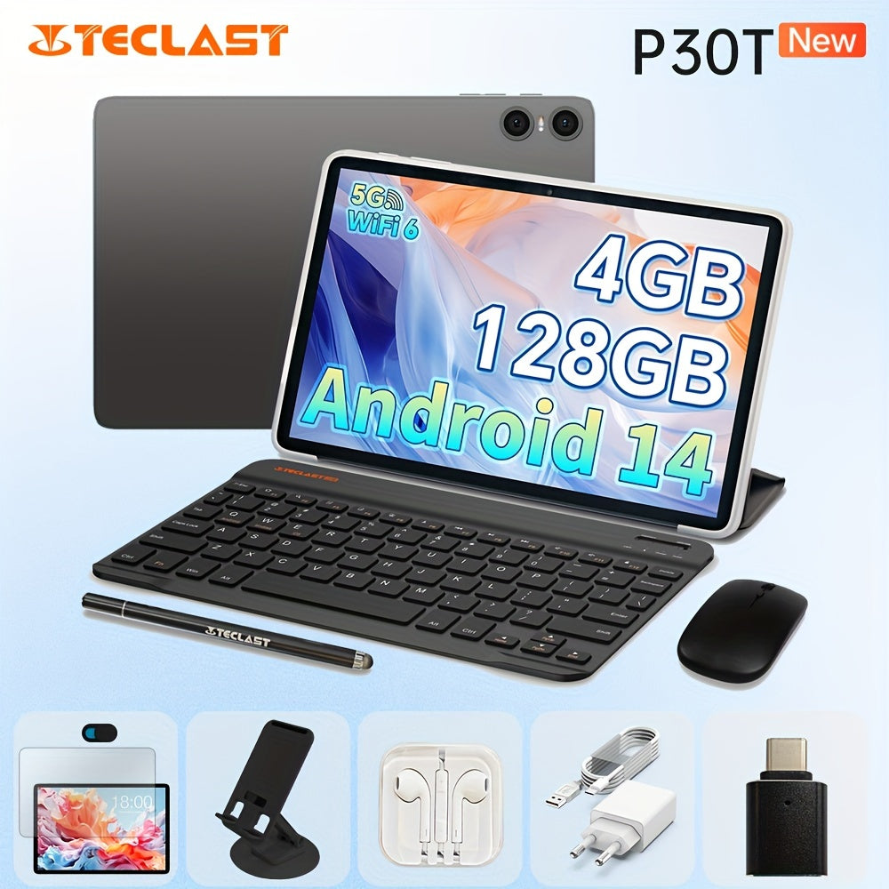 Tablette Teclast P30T 2024 Android la plus récente de 14 pouces, 4 Go de RAM + 128 Go de ROM avec une tablette PC extensible de 1 To, 2 en 1 avec clavier, étui Teclast, film de protection, souris sans fil, écouteurs, batte