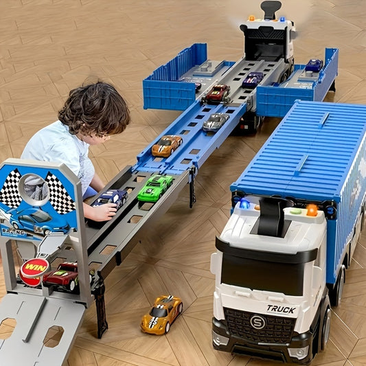 Transformateur de camion transporteur avec feux clignotants et piste de course lancée, alimenté par batterie avec 8 voitures téléguidées incluses, fonctionnement par friction et poussée-retour, ensemble de jeu en plasti