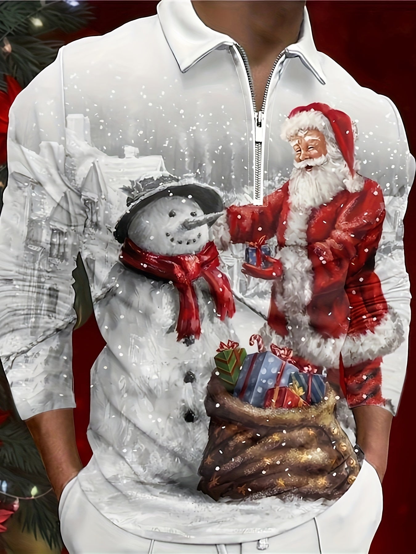 Chemise À Revers Avec Fermeture Éclair Et Manches Longues Pour Hommes, Imprimé Animé Père Noël Et Bonhomme De Neige, Nouveauté Pour Printemps Et Automne, Cadeau De Noël