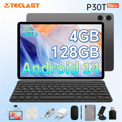 Tablette Teclast P30T 2024 Android la plus récente de 14 pouces, 4 Go de RAM + 128 Go de ROM avec une tablette PC extensible de 1 To, 2 en 1 avec clavier, étui Teclast, film de protection, souris sans fil, écouteurs, batte