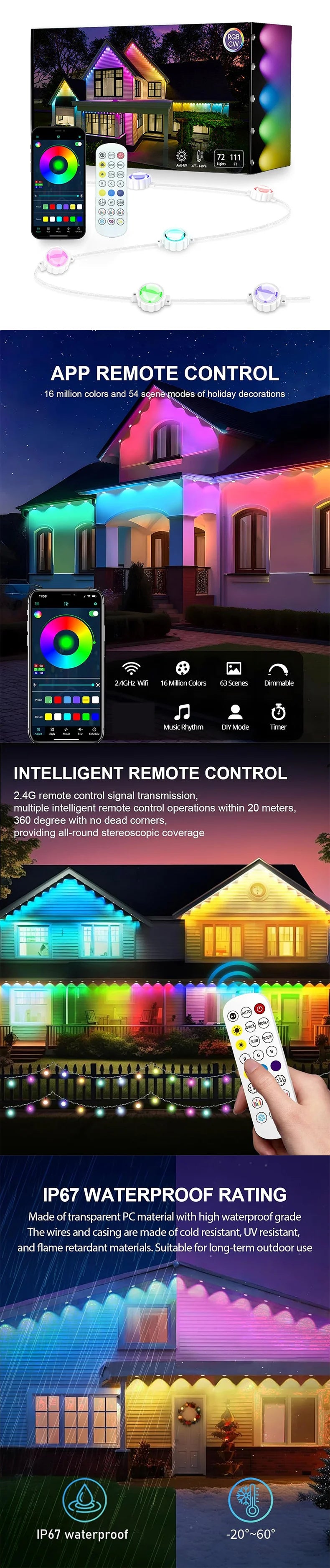 Guirxiété Lumineuse LED Intelligente RGBIC pour l'Extérieur, en Continu, Bluetooth, Étanche, Diviseur de Musique, ix, Noël, Vacances, DIY