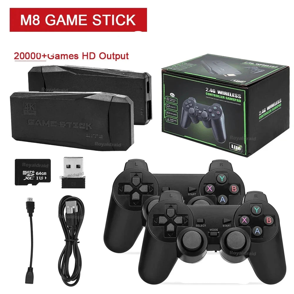 Console de jeu vidéo M8 Game Stick, TV 4K, 20000 + jeux intégrés, 2.4G, poignée sans fil pour touristes, 64 Go, jeux 3D pour PS1, SDavid, nouvelle mise à niveau