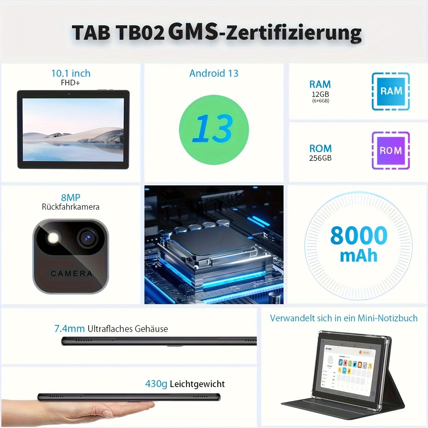 Tablette Android 10 pouces - 12 Go de RAM, 256 Go de ROM, processeur quadricœur, écran HD IPS 10.1 pouces, batterie 8000 mAh, appareil photo 5MP+8MP, GMS, type C - extensible jusqu'à 1 To