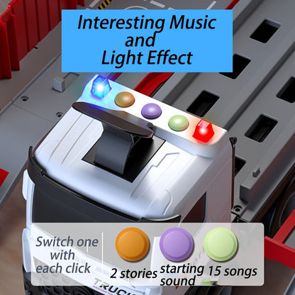Transformateur de camion transporteur avec feux clignotants et piste de course lancée, alimenté par batterie avec 8 voitures téléguidées incluses, fonctionnement par friction et poussée-retour, ensemble de jeu en plasti
