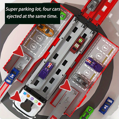 Transformateur de camion transporteur avec feux clignotants et piste de course lancée, alimenté par batterie avec 8 voitures téléguidées incluses, fonctionnement par friction et poussée-retour, ensemble de jeu en plasti