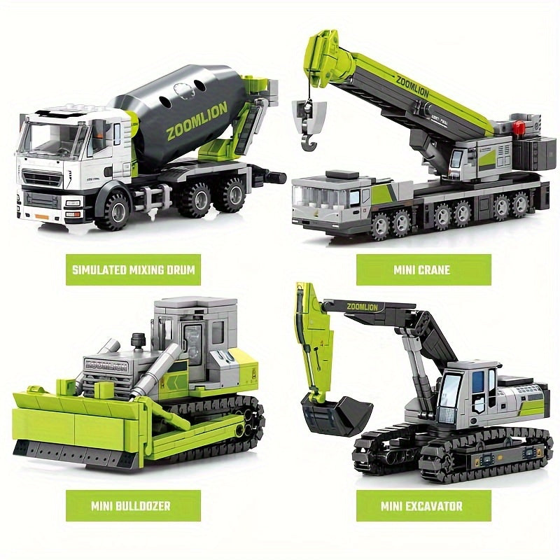 SSEMBO Excavatrice Grue Bulldozer Malaxeur Camion Blocs de Construction Kits, Modèles de Véhicules de Génie Civil, Jouets Éducatifs STEM, Ornements de Bricolage Cadeaux d'Anniversaire Cadeau d'Halloween Noël